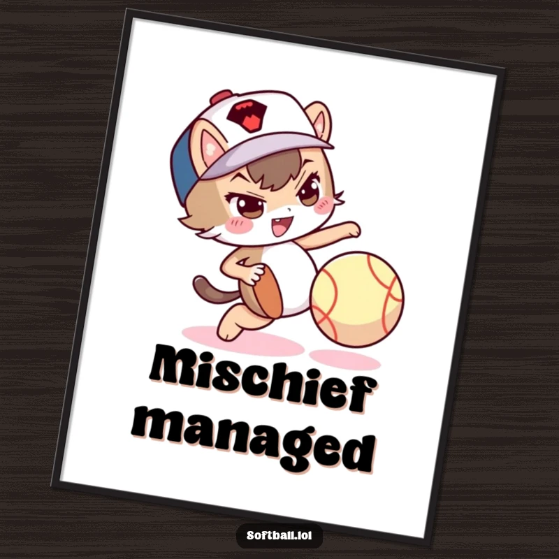 Funny poster artwork of a mischievous character dribbling a softball with its foot, showing playful skill.