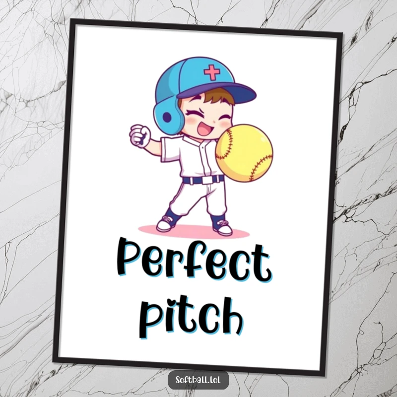 Funny softball player poster captures a character throwing a perfect curveball with a cheeky wink, ideal for wall decor.