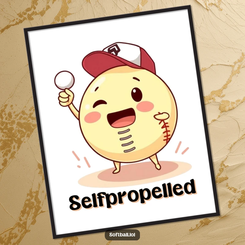 Funny poster art of a softball, equipped with a spring, hilariously attempting to pitch itself, a comical sports illustration.