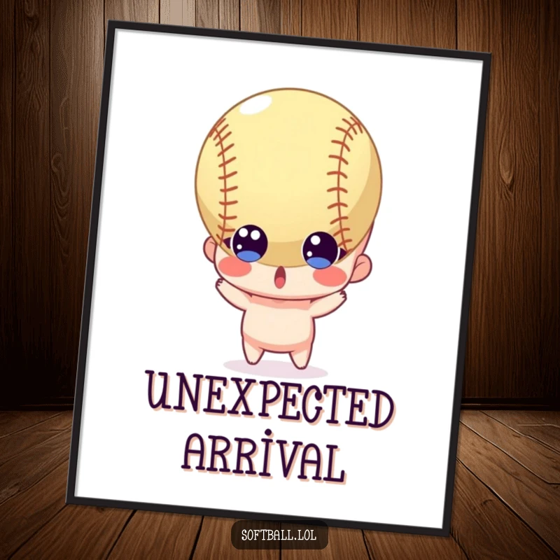 Funny poster of a surprised character with wide eyes as a softball flies directly towards it, capturing a humorous sports moment.