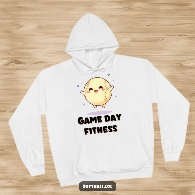 Funny hoodie featuring a determined softball performing a star jump with sweat droplets. Comfortable and humorous athletic wear.
