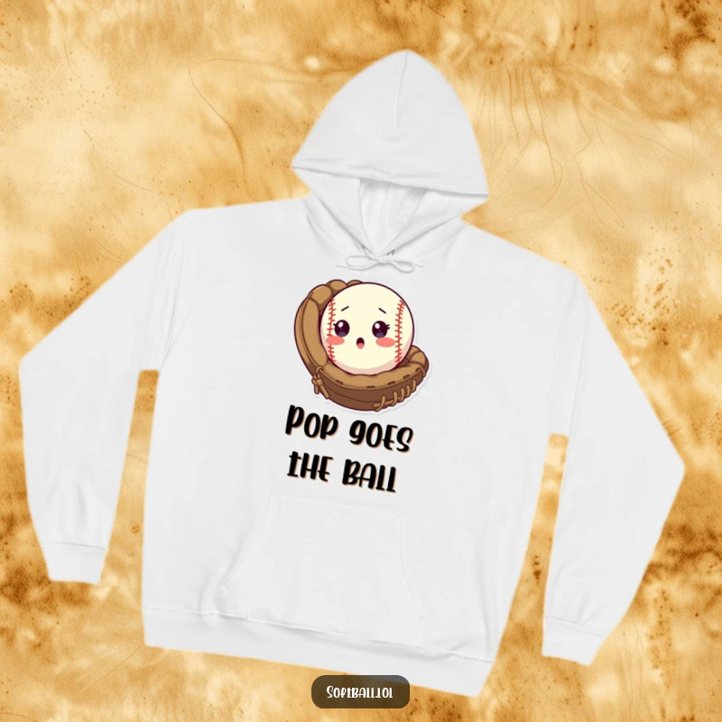 Funny Hoodie with a surprised softball popping out of a mitt, offering warmth and a humorous nod to the game.