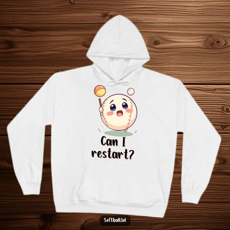 Funny surprised softball hoodie, designed for warmth and humor, catching a pop fly with wide eyes, a great gift.
