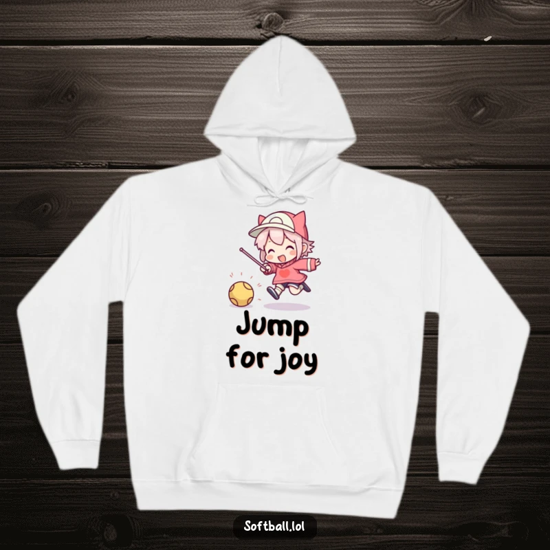Funny hoodie design showing a character in mid-air, executing a joyful and funny celebratory jump after hitting a ball.