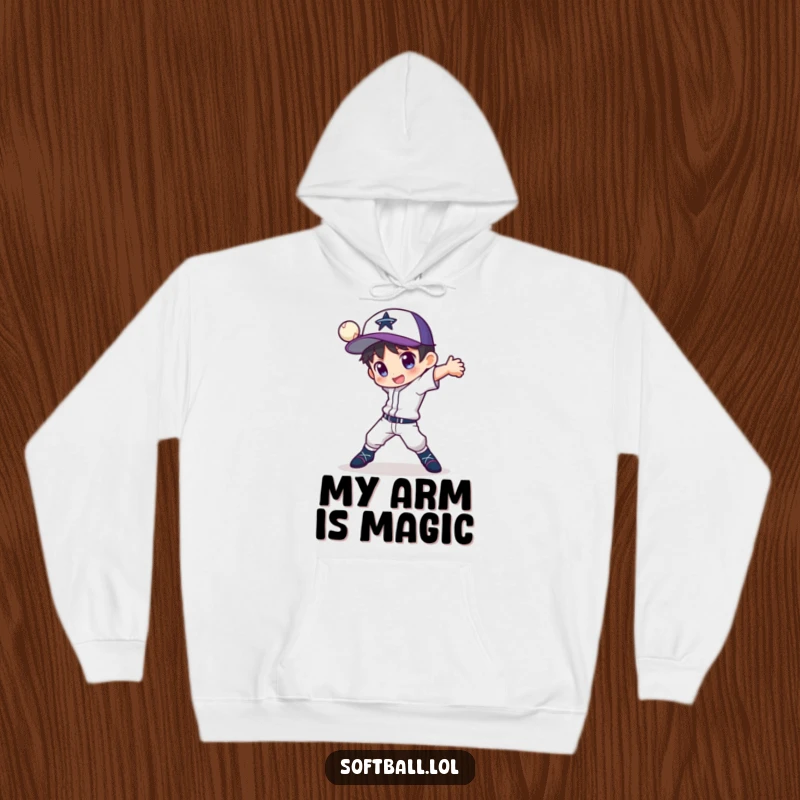 Funny hoodie showing a character in a dynamic pose with a fancy pitching motion, perfect for staying warm and stylish.