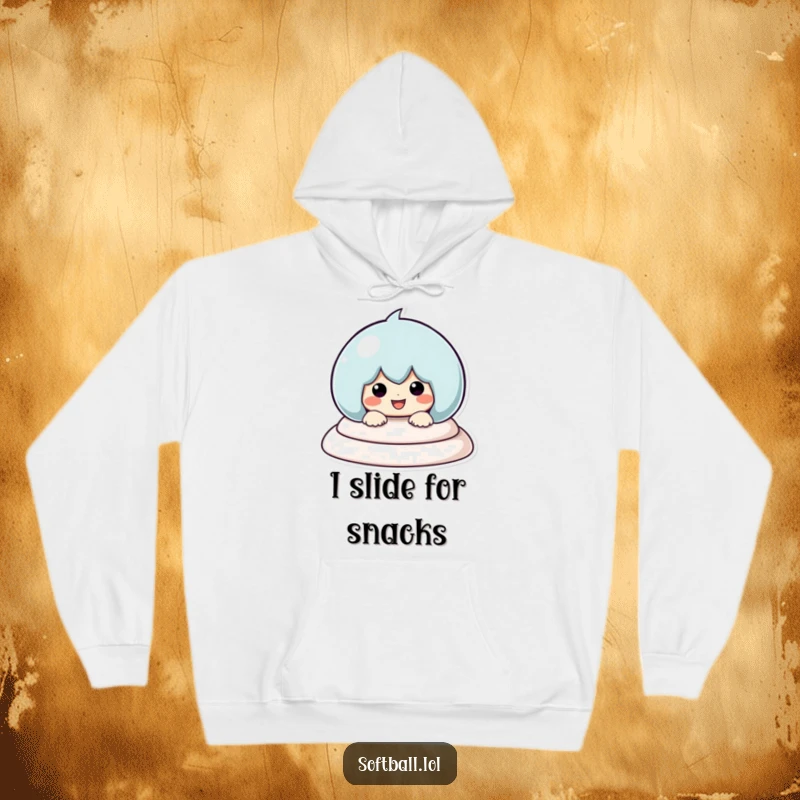 Funny Baseball Sliding Hoodie, illustrating a smiling kawaii character sliding into a base, ideal for cozy sports enthusiasts.