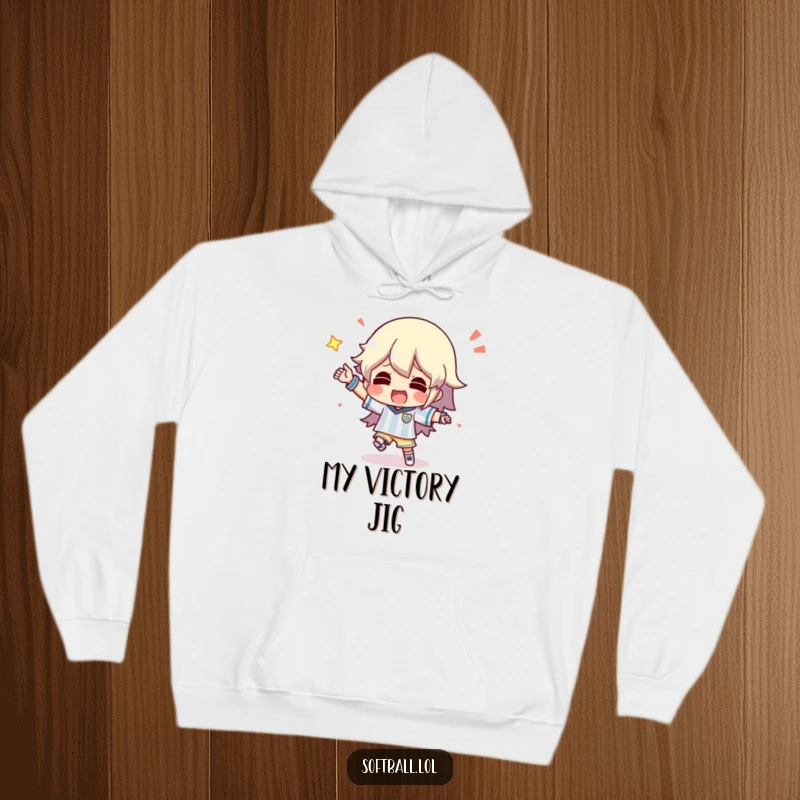 Funny hoodie with a character doing a silly dance after scoring, soft and cozy with celebratory art.