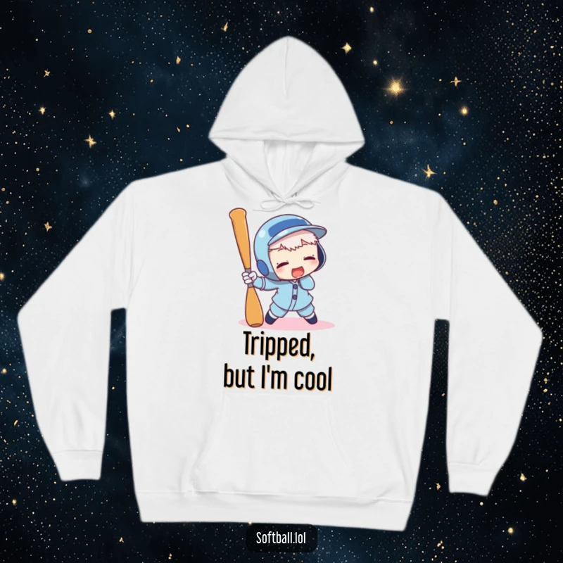 Funny hoodie with a character comically tripping over a baseball bat, illustrating a slapstick moment of mishap and amusement.