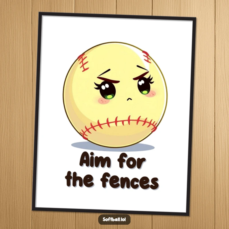 Funny Free Printable Softball Wall Art: An anthropomorphic softball peering with intense focus at a batter, ready for the game.