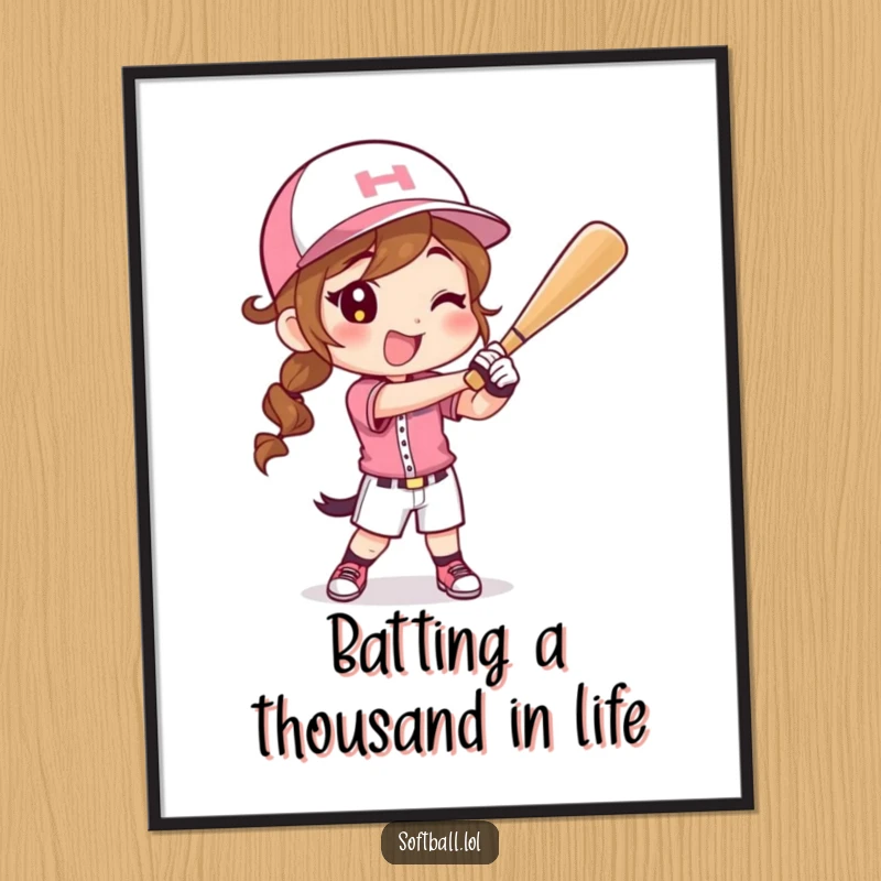 Funny Free Printable Wall Art: Athletic character in softball uniform, captured mid-swing with a determined and happy look.