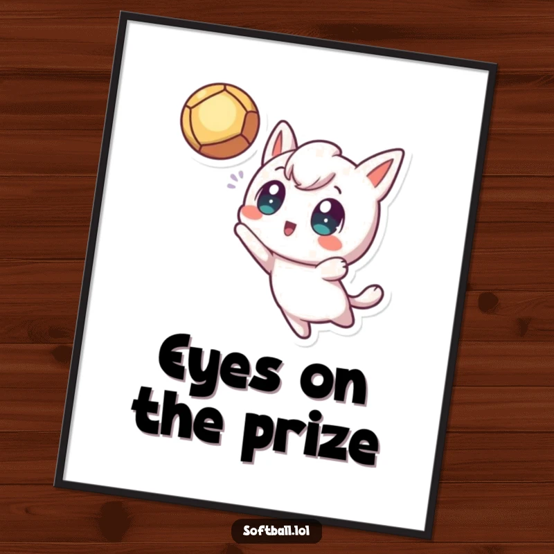 Funny Free Printable Wall Art of a kawaii character with wide, excited eyes making an incredible mid-air catch of a fly ball.