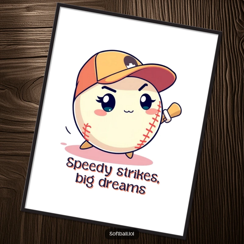 Funny Free Printable Wall Art: A softball with a fierce look pitches a blazing fast strike, ready to win.