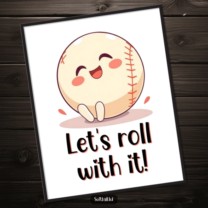 Funny Free Printable Softball Wall Art, a joyful softball character rolling on the ground with glee, perfect for DIY decor.