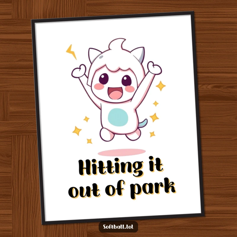 Funny Free Printable Wall Art capturing a kawaii character in a joyful, high-energy victory jump after hitting a baseball.