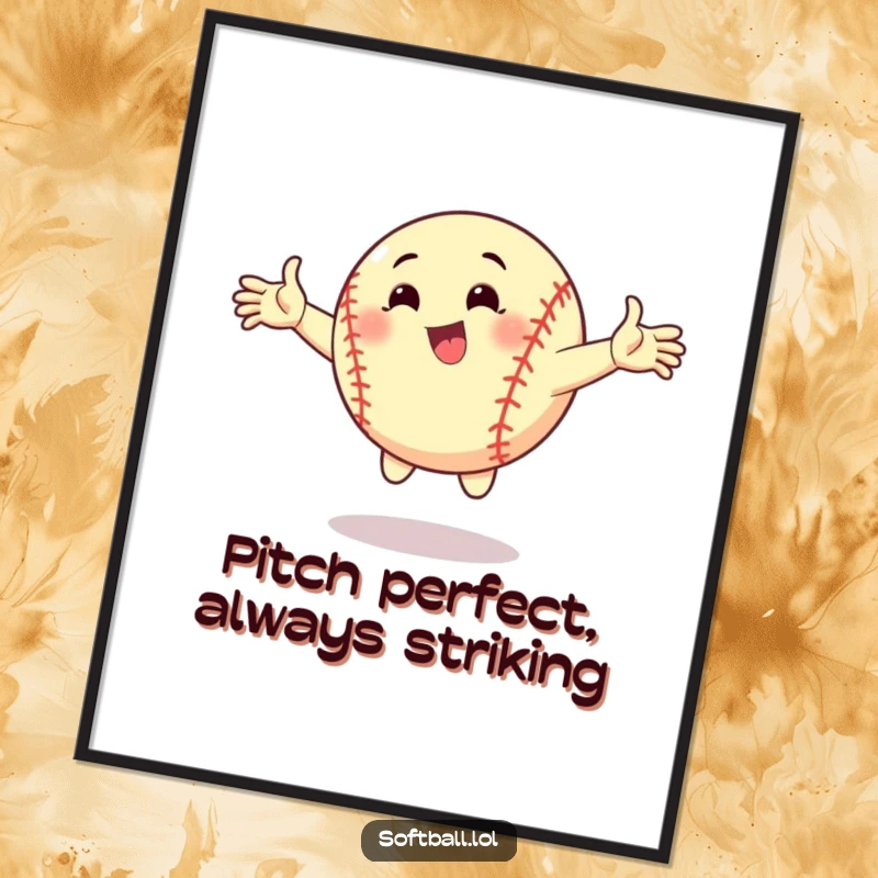 Funny Free Printable Softball Wall Art, a ball striking a dynamic pose with arms outstretched, bold and sporty decor.