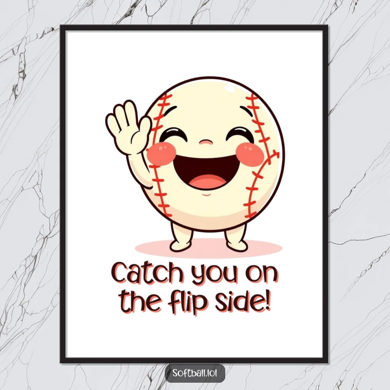 Funny Free Printable Wall Art: A beaming softball character waving hello with a huge smile, creating a welcoming and cheerful atmosphere.