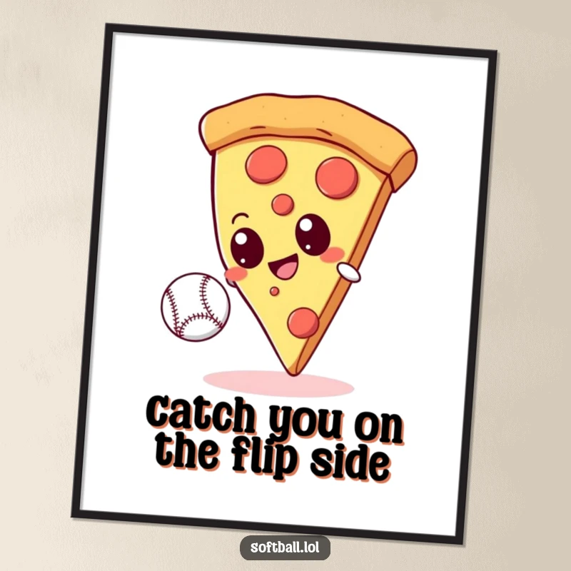 Funny Free Printable Wall Art: Giant slice of pizza with googly eyes making an epic catch with a baseball, playful decor.