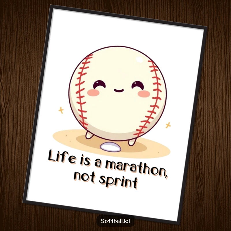 Funny Free Printable Softball Wall Art: A softball joyfully rolling around bases with pure glee, a dynamic and humorous sports illustration.