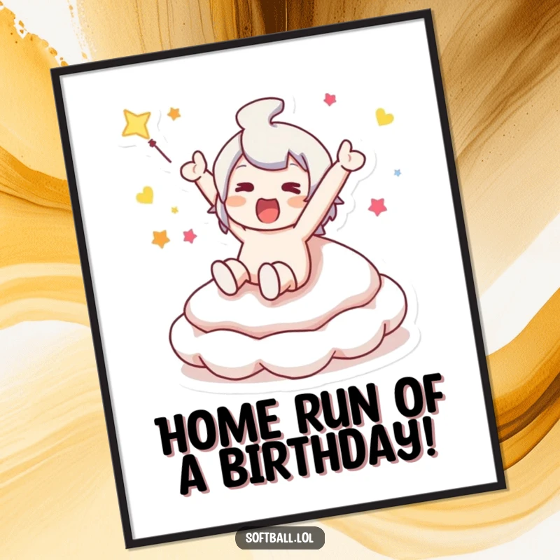 Funny Free Printable Wall Art: Cartoon character sliding into a baseball base with joy. Humorous, celebratory, downloadable, print-at-home decor.