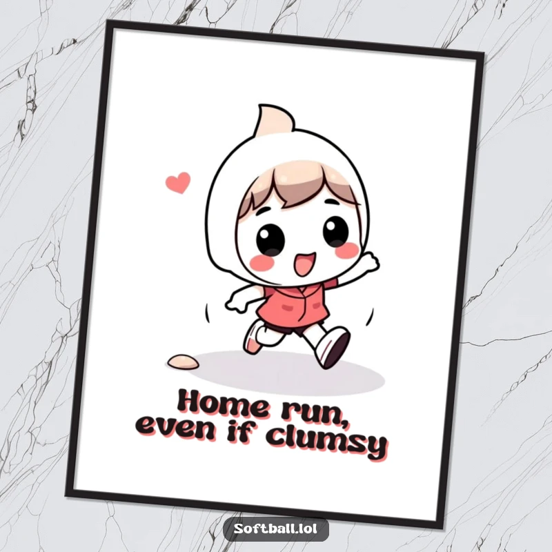 Funny Free Printable Wall Art: Kawaii character humorously tripping while running bases, a whimsical and funny piece for your wall.