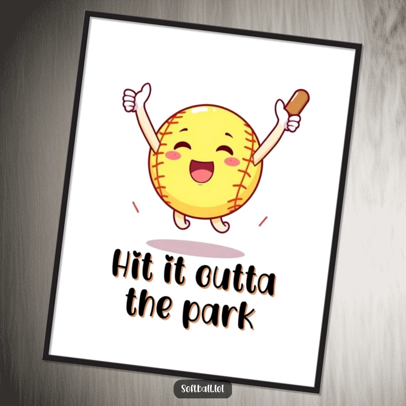 Funny Free Printable Wall Art: A delighted softball leaps in the air with outstretched arms, celebrating a massive home run.