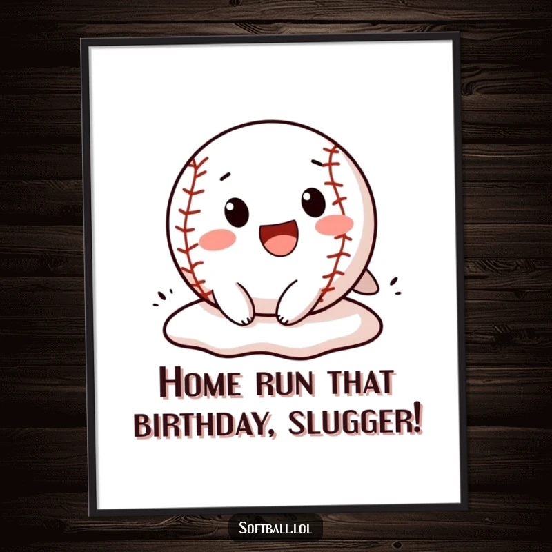 Funny Free Printable Wall Art: Dynamic softball character in mid-slide, kicking up dust with a determined, humorous expression, ready for action.