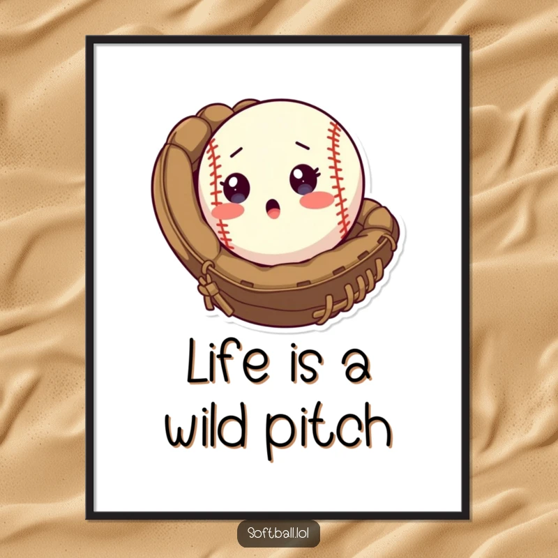 Funny Free Printable Wall Art of a surprised softball dramatically emerging from a baseball mitt, a humorous and energetic piece.