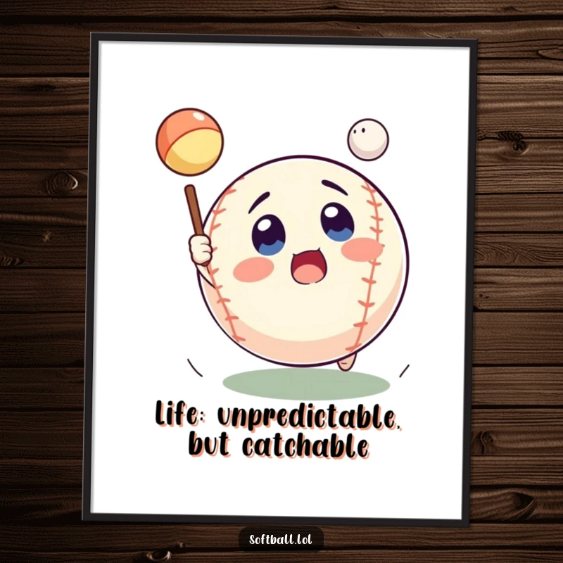 Funny Free Printable Wall Art: A cartoon softball with wide eyes is caught mid-air, surprised by a pop fly.