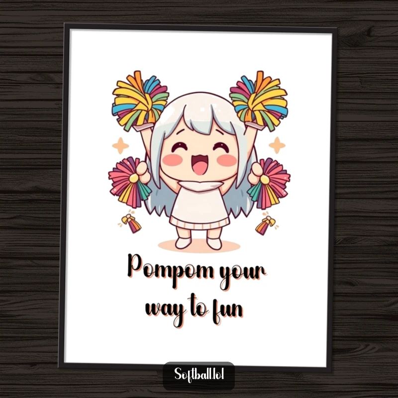 Funny Free Printable Wall Art: Kawaii character joyfully cheering with pom-poms, a high-energy and humorous piece for dynamic decor.