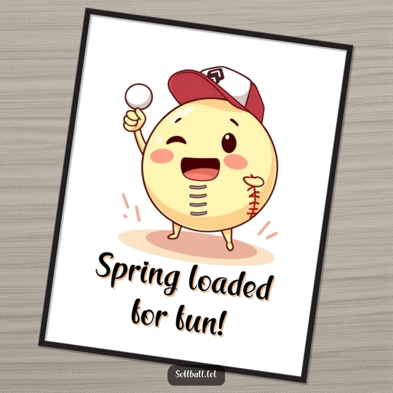 Funny Free Printable Wall Art showing a softball equipped with a spring, comically attempting to pitch itself with energetic motion.