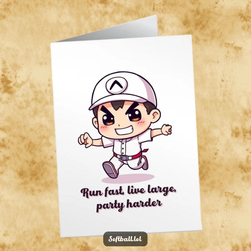 Funny Free Printable Baseball Card Birthday Greeting Card: Determined character running bases with a huge grin, perfect for sports fans.