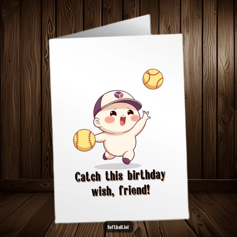 Funny Free Printable Birthday Card: Athletic softball character in mid-air, expertly catching a flying ball with amazing agility and focus.