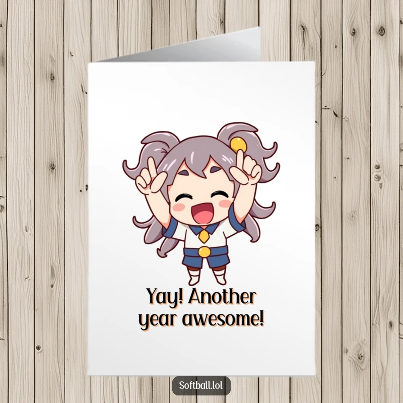 Funny Free Printable Birthday Card: An energetic character cheering enthusiastically with raised arms, full of birthday joy.