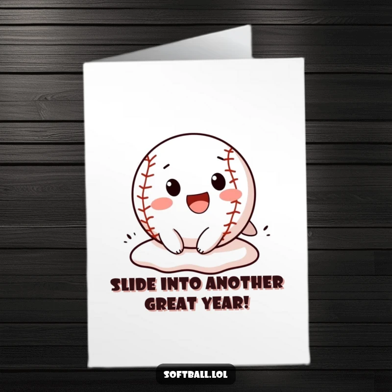 Funny Free Printable Birthday Card: Energetic softball character sliding headfirst into base with a determined and cheerful expression.