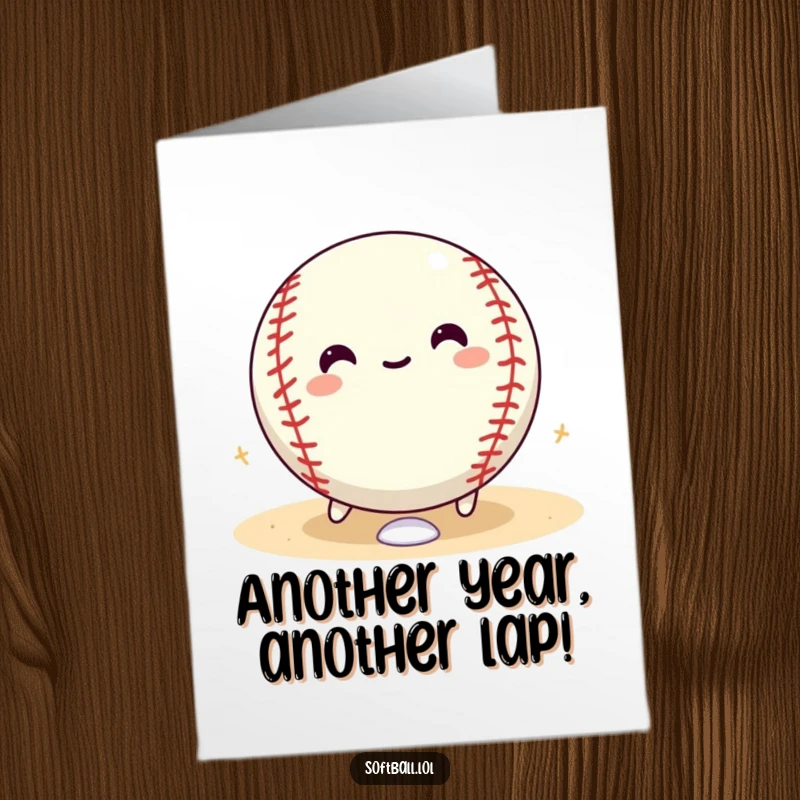 Funny Free Printable Softball Birthday Card: A happy softball joyfully rolling around baseball bases, celebrating with pure delight.