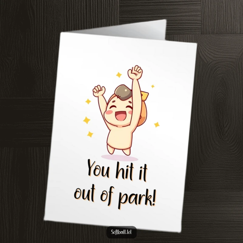 Funny Free Printable Birthday Card: Joyful character with arms raised high in celebration after a successful hit, pure elation.