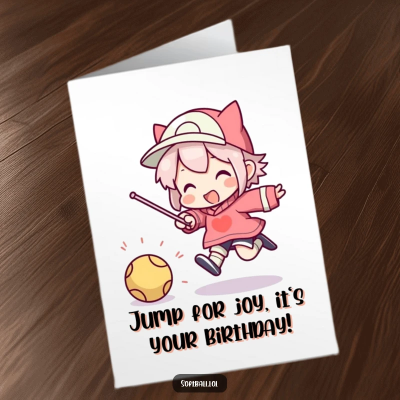 Funny Free Printable Birthday Card: Character leaping high in the air with a silly expression after successfully hitting a ball, pure joy.