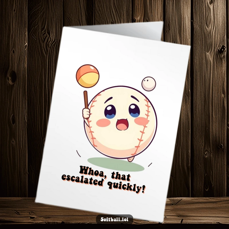 Funny Free Printable Birthday Card: A shocked softball player leaps to catch a pop fly, eyes wide with surprise.