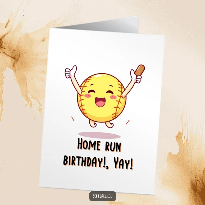 Funny Free Printable Happy Birthday Card: A cheerful softball with outstretched arms joyfully jumps in celebration of a home run.