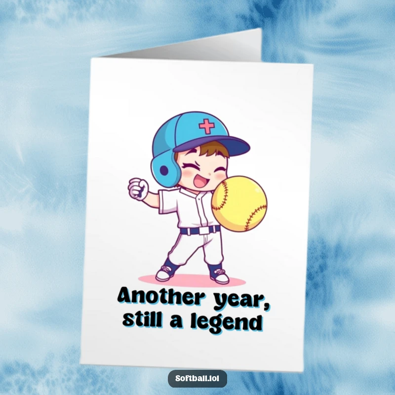 Funny Free Printable Birthday Card: Softball player character winks while throwing a perfect curveball, celebrating a birthday.