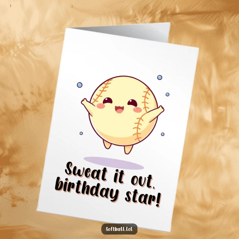 Funny Free Printable Softball Birthday Card, a sweaty ball doing a star jump, energetic and humorous downloadable greeting.