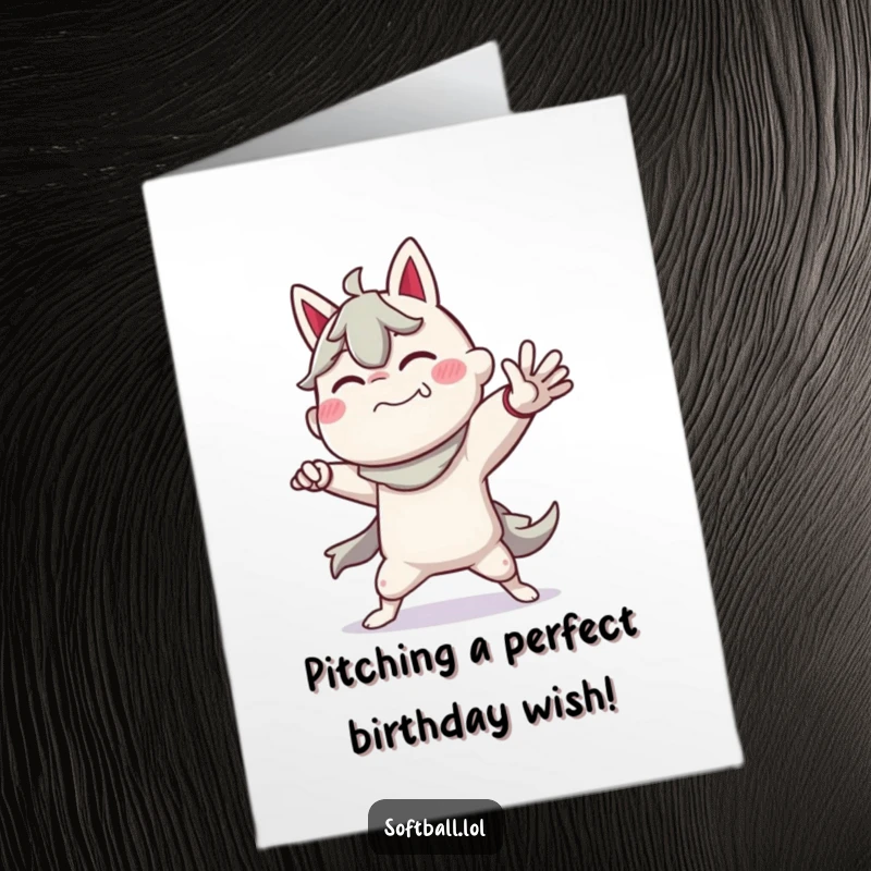 Funny Free Printable Birthday Card: Character strikes a dramatic baseball pitching pose, ready to deliver. Humorous, sporty, downloadable, print-at-home.