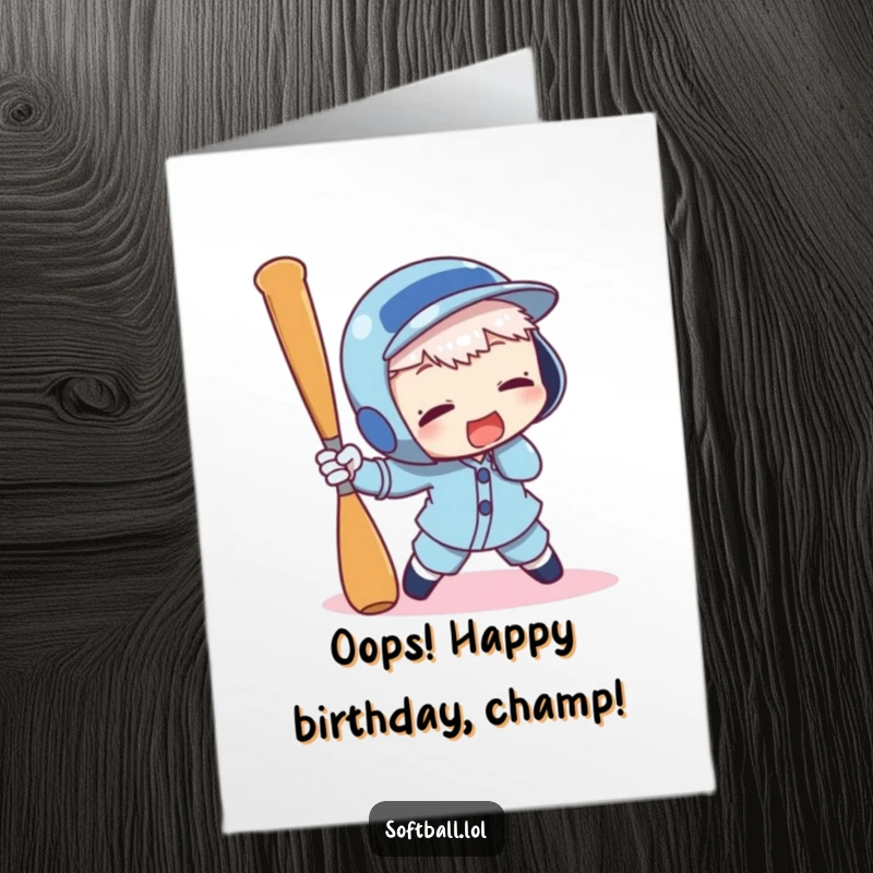 Funny Free Printable Birthday Card featuring a clumsy character hilariously tripping over a baseball bat, perfect for laughs.