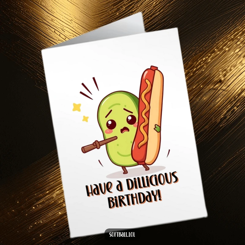 Funny Free Printable Birthday Card: A confused pickle slice trying to hit a flying hot dog with comical urgency.