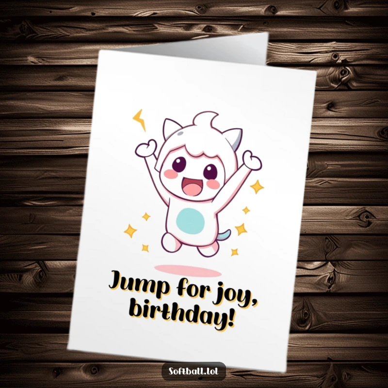 Funny Free Printable Birthday Card of a kawaii character doing a happy, energetic victory jump after hitting a baseball.