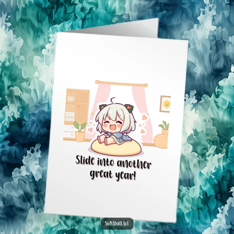 Funny Free Printable Birthday Card showing a character sliding triumphantly into home base, ready to celebrate.