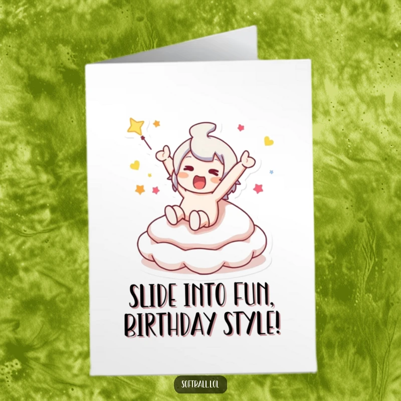Funny Free Printable Birthday Card: Cartoon character slides victoriously into a baseball base. Humorous, downloadable, print-at-home greeting.