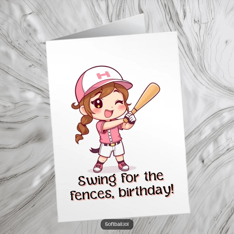 Funny Free Printable Birthday Card: Energetic character in softball uniform swinging a bat with a big smile.