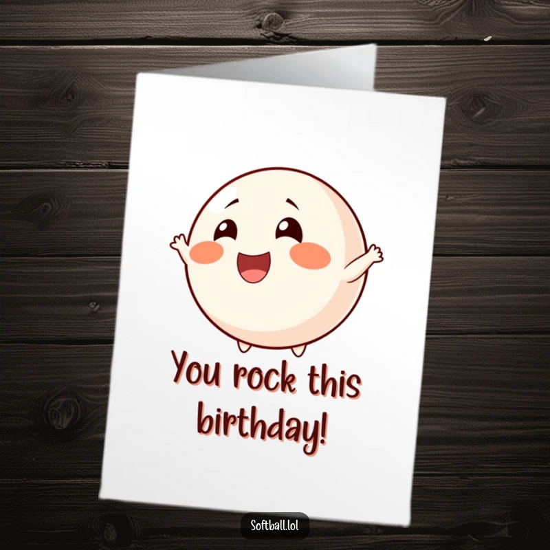 Funny Free Printable Birthday Card: A softball with rosy cheeks beams with excitement, cheering enthusiastically.