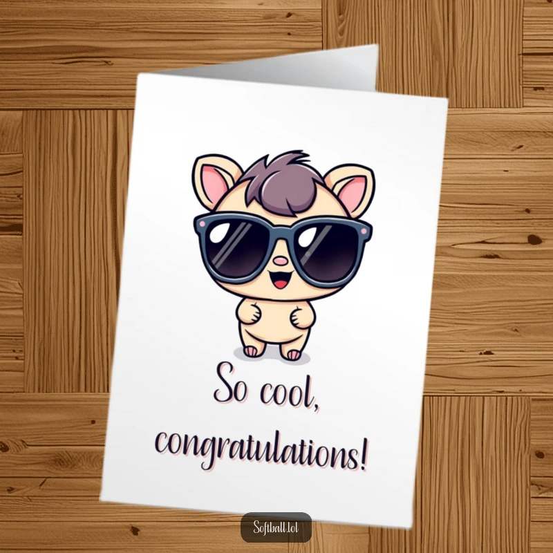 Funny Free Printable Congratulations Card: Kawaii character posing confidently in oversized sunglasses, radiating cool vibes for congratulations.